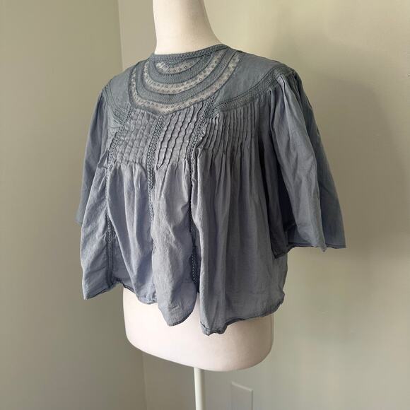 Rebecca Taylor blue short sleeve embroidered peasant top size S - Picture 3 of 11